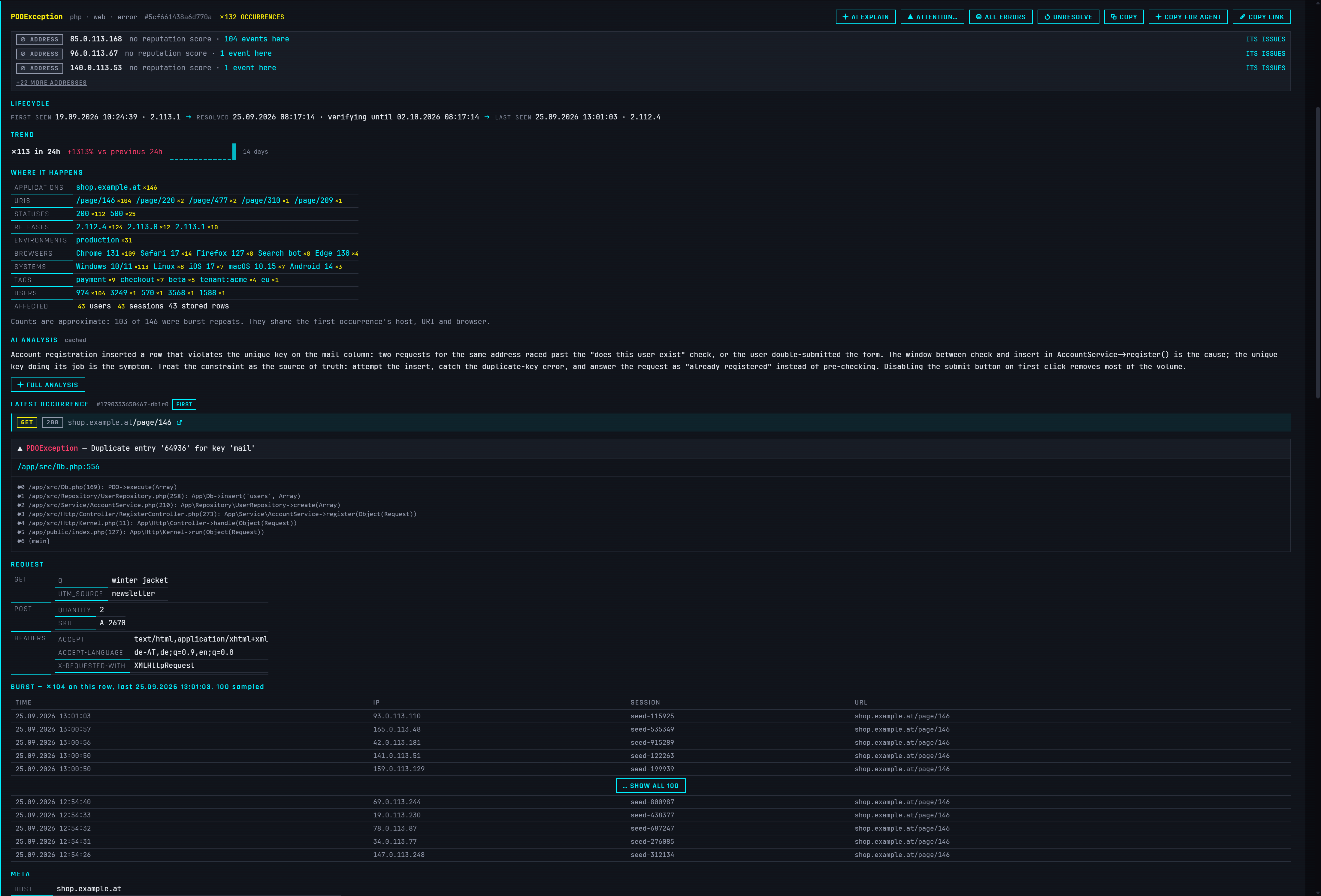 An expanded issue showing its lifecycle, trend, affected hosts and releases, an AI root-cause read, the exception, the full stack trace and the request metadata