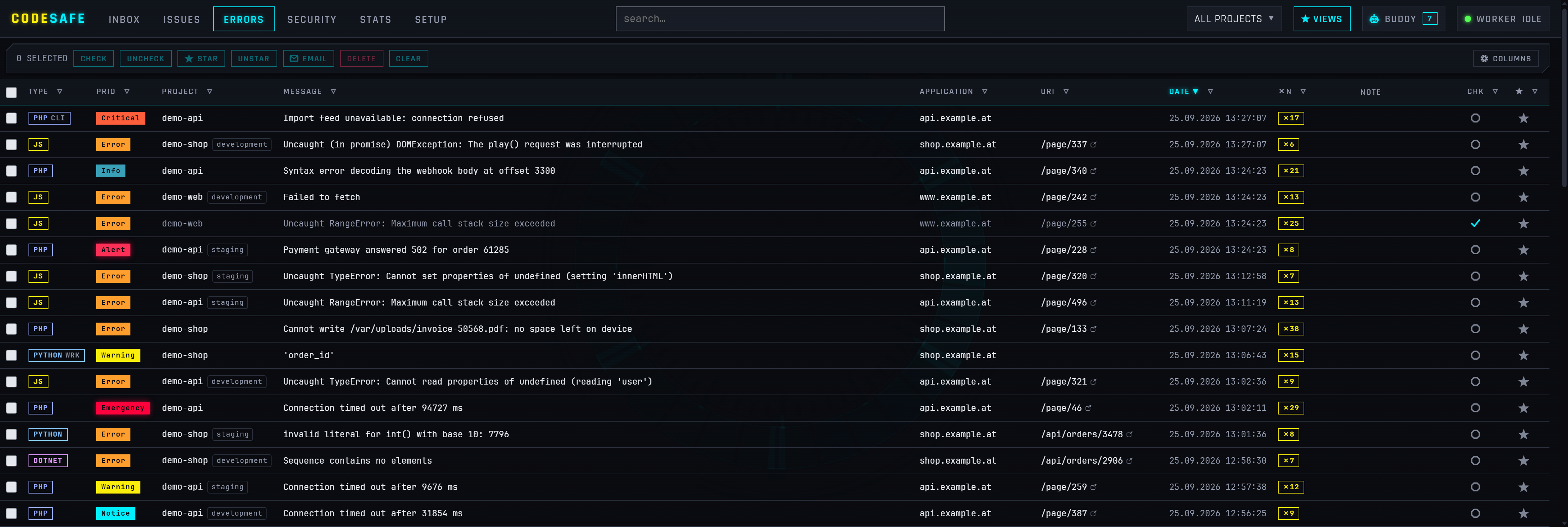 The CODESAFE errors grid: live rows with project, type, priority, message, occurrence counts and star/check actions