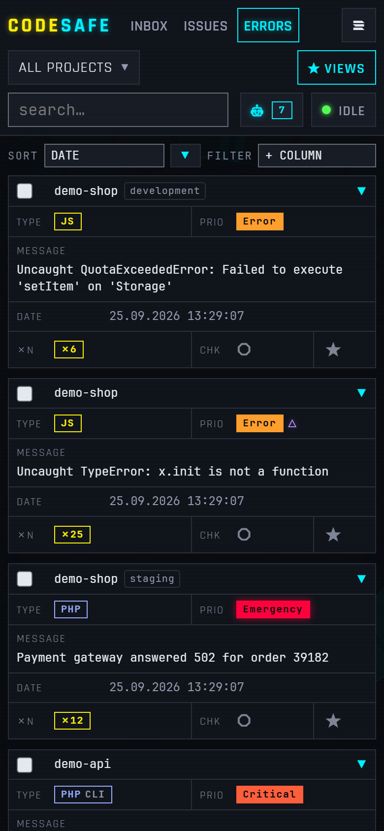 Errors grid on a phone — rows rendered as stacked cards