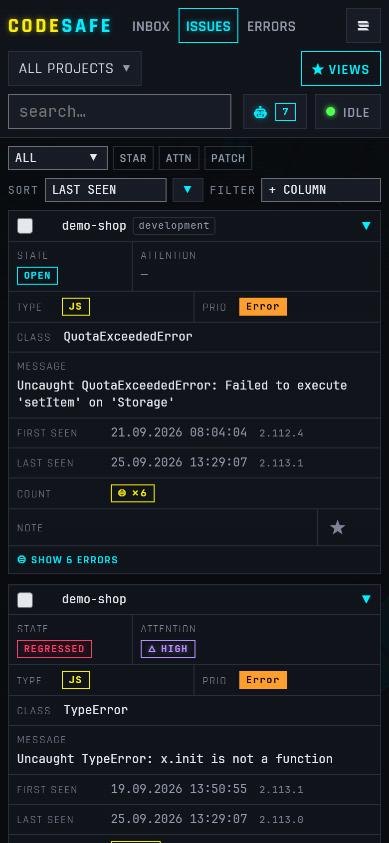 Issues view on a phone with state filters and card rows