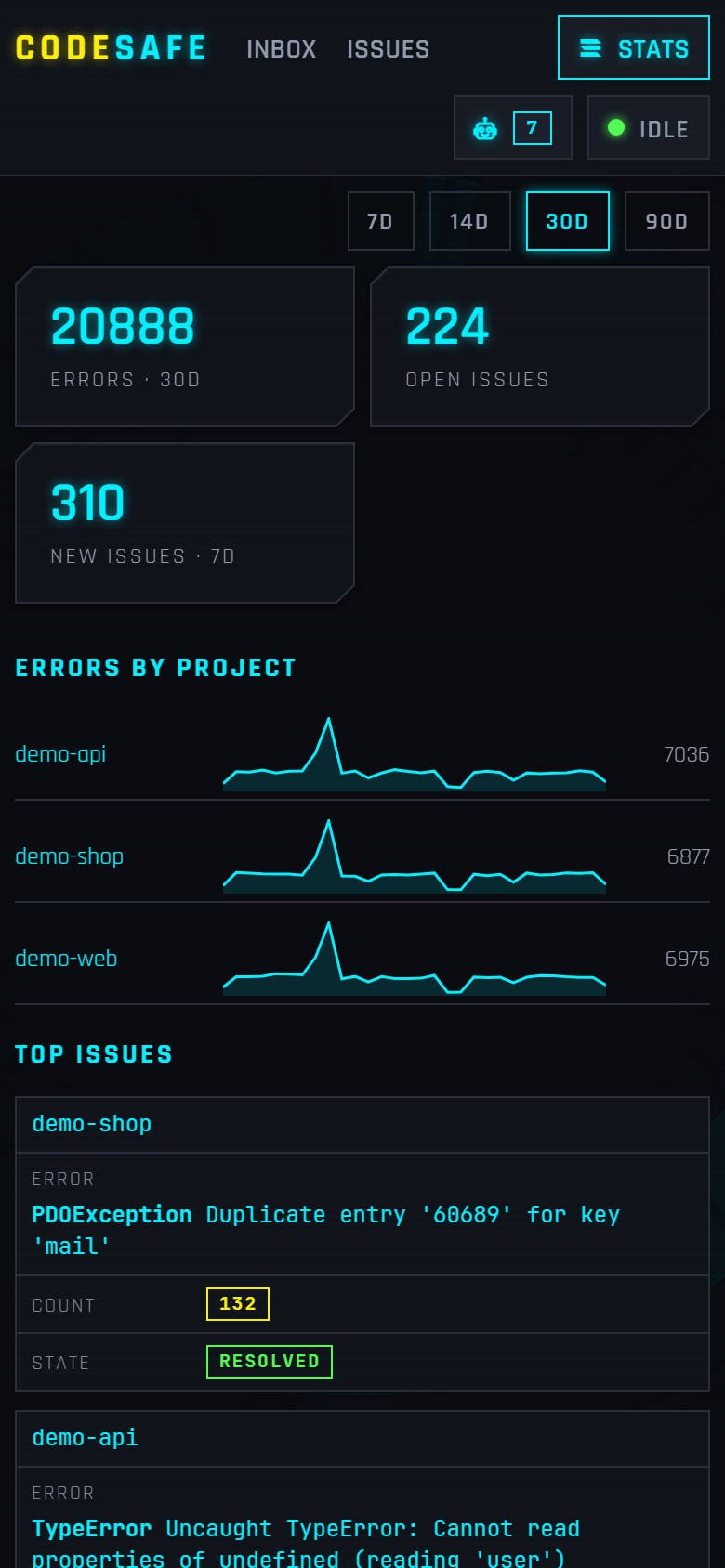 Stats dashboard on a phone with stacked cards and sparkline