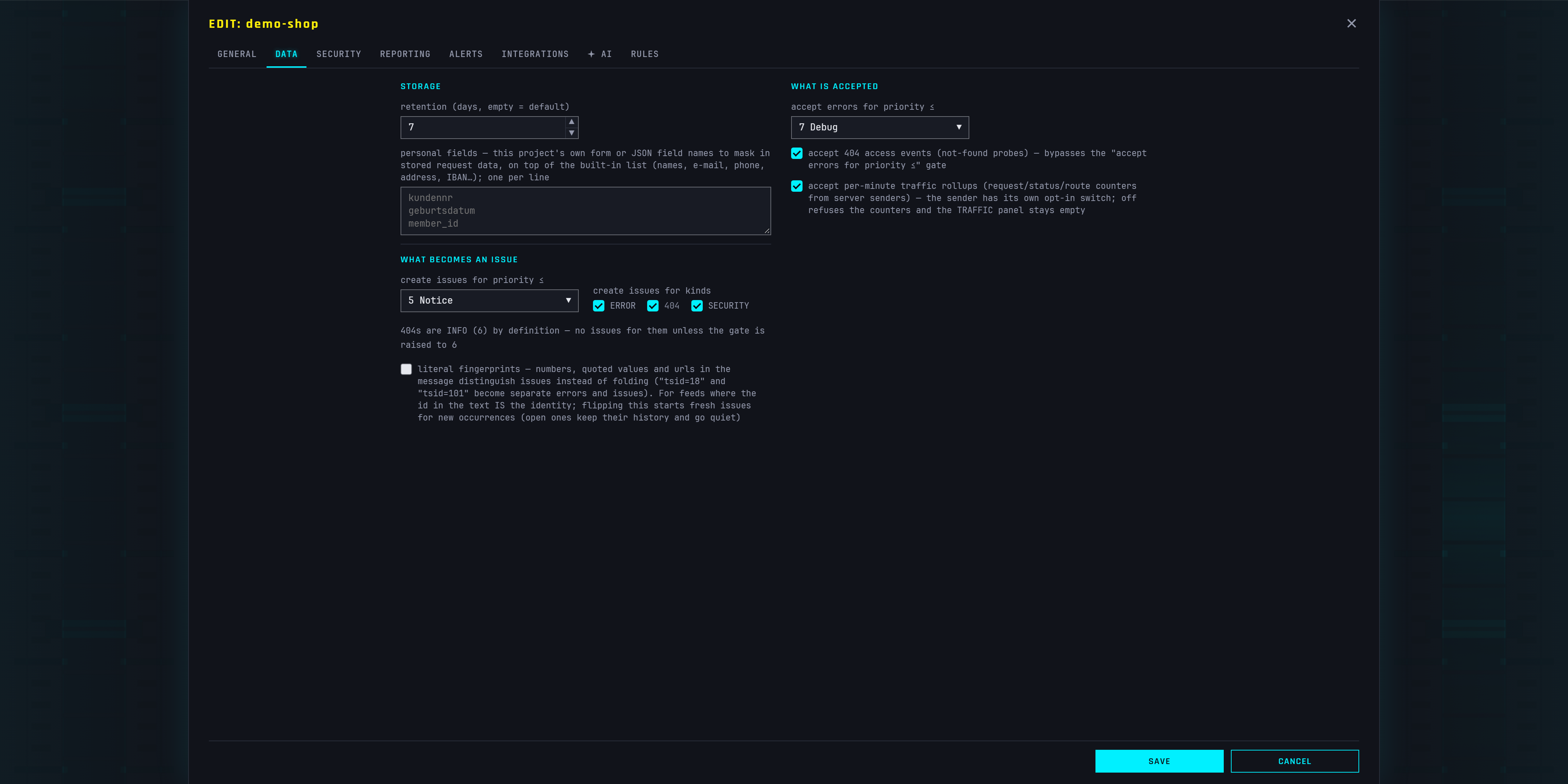 Project edit dialog