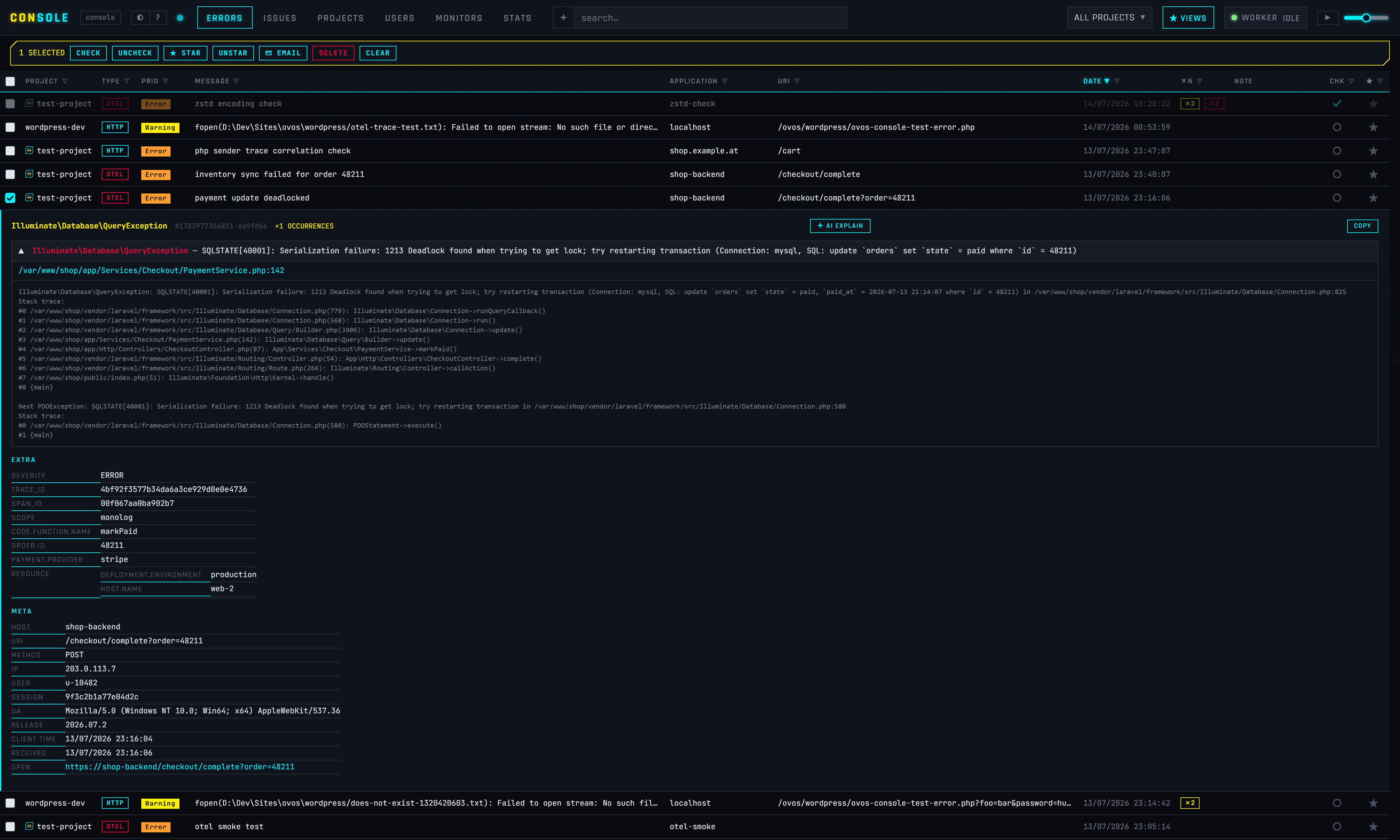 Expanded error showing the full exception chain, deep stack trace, request payload and metadata