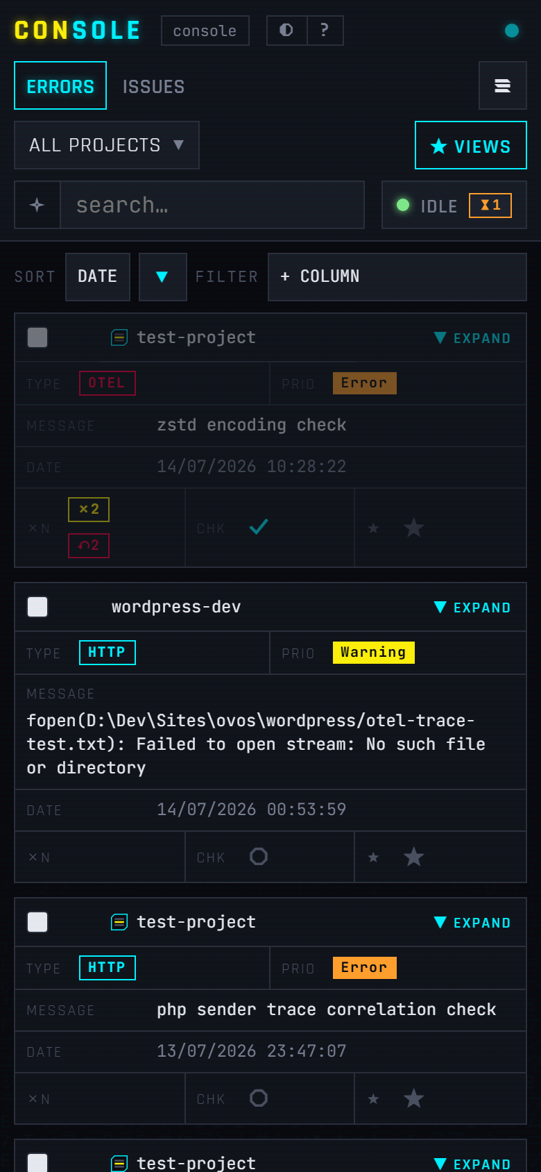 Errors grid on a phone — rows rendered as stacked cards