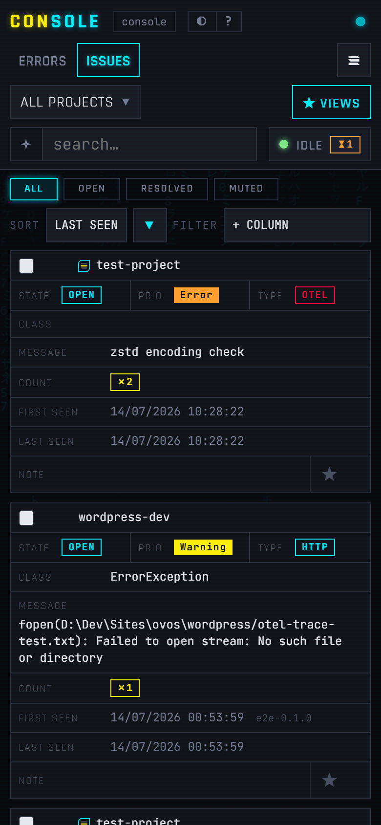 Issues view on a phone with state filters and card rows